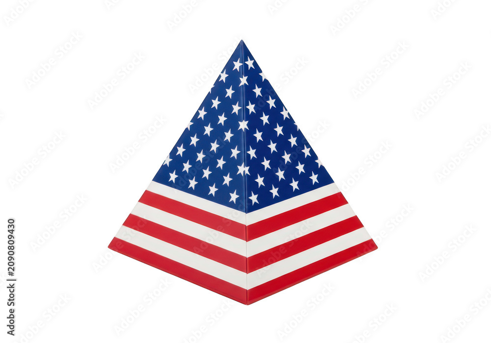 Fototapeta premium A three-dimensional pyramid shaped featuring the american flag pattern, isolated on a solid black background, for display