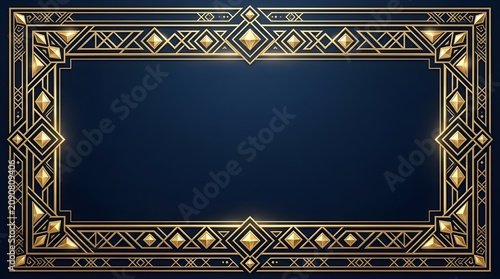 Elegant luxury Art Deco border frame featuring intricate gold geometric patterns and glowing accents on a deep navy blue background. Perfect for premium designs.