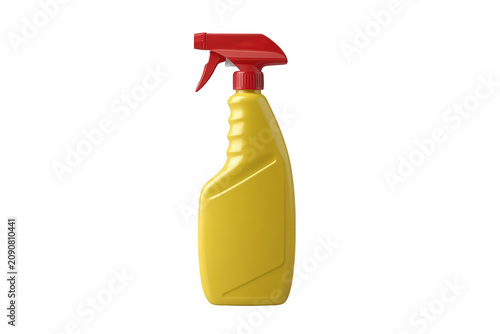 Yellow plastic spray bottle with red trigger sprayer for cleaning product, household detergent, or sanitizer on transparent background