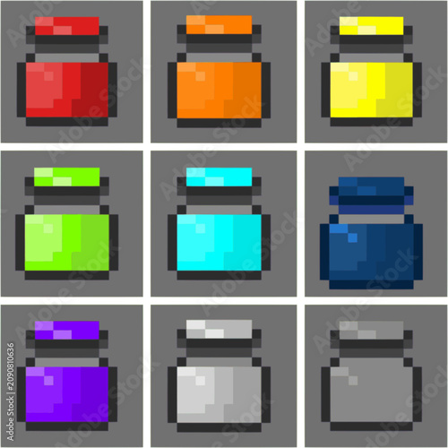 a set of paint tubes in pixel art