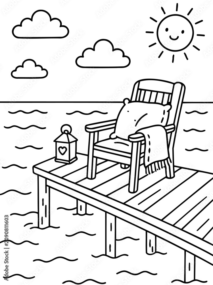 Fototapeta premium Relaxing Dockside Scene: A cozy chair with a blanket and pillow sits on a wooden dock overlooking calm water, under a smiling sun and fluffy clouds, perfect for a peaceful retreat.