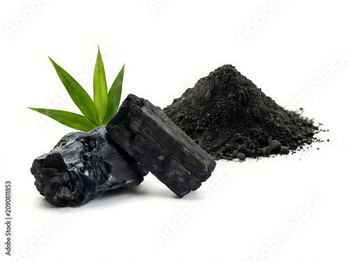 Activated charcoal with aloe vera plant for skincare and detoxification, isolated on white background