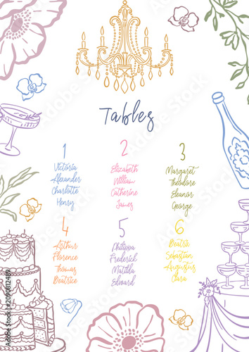 Elegant hand drawn seating chart template with wedding cake champagne glasses flowers and candles