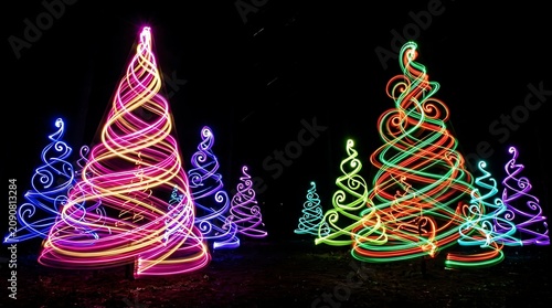 Long exposure light painting of multiple christmas tree shapes against a dark night background