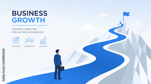 Business growth strategy leadership success vector illustration featuring a businessman on the path to achievement and expansion. Modern flat design vector banner for presentations, business planning