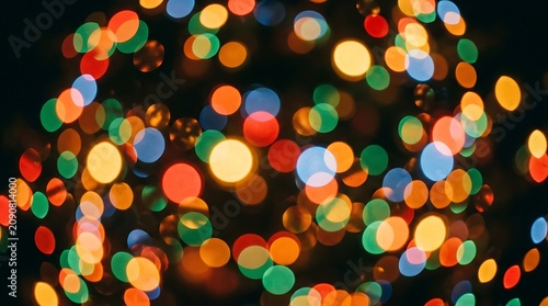 Multicolored bokeh lights, blurred circular orbs of red, green, blue, and yellow on black