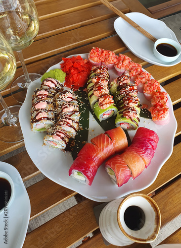 Assorted Gourmet Sushi Platter with Salmon, Tuna and Avocado Rolls