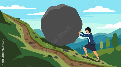 Determined businesswoman pushing an enormous boulder uphill on a rugged mountain path, powerful flat vector metaphor for workload, pressure, resilience, leadership and overcoming corporate obstacles
