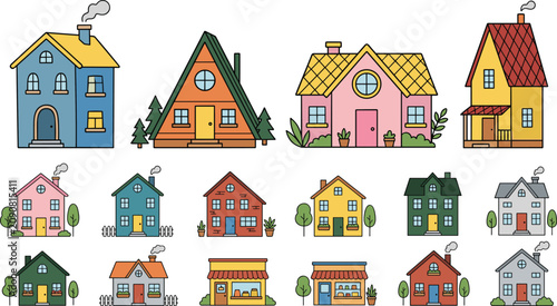 Cute cartoon house and small shop building vector element set for real estate architectural map and neighborhood city illustration design