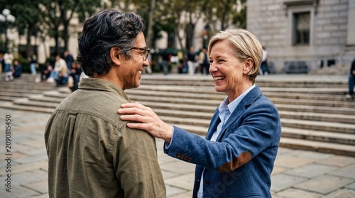 Smiling mature woman supports male colleague with a hand on his shoulder