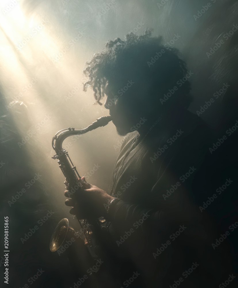 Obraz premium Jazz Saxophonist Silhouette in Warm Light– Generative AI – no real persons