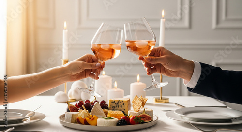 Luxury Lifestyle Valentine’s Dinner – Rosé Wine Toast with Gourmet Table and Romantic Mood