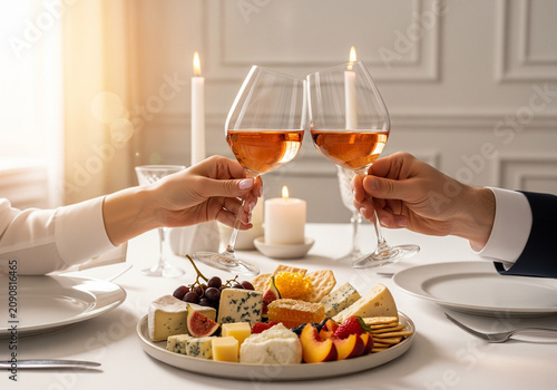 Luxury Valentine’s Dinner Editorial – Rosé Wine Toast with Elegant Gourmet Table Setting