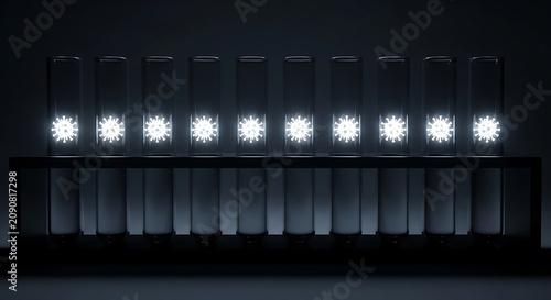 Glowing virus models stand in test tubes within a dark setting, arranged on a rack