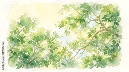 Watercolor painting of green tree branches with leaves against a soft yellow background