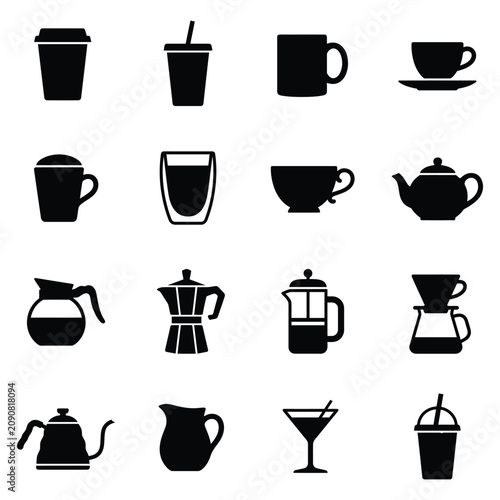 Foto Coffee and Tea Drinkware Silhouette Icons Set Editable Vector EPS