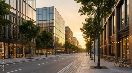 A serene city street at sunset with modern buildings and trees