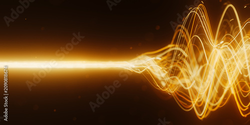 Golden oscillating light trail in abstract 3D quantum data visualization with magic particles.