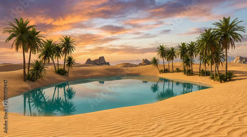 A serene desert oasis with a tranquil pool at sunset