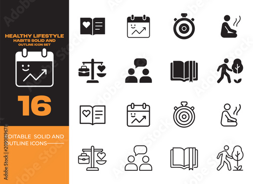 Healthy Lifestyle Habits Solid And Outline Icon Set For Wellbeing