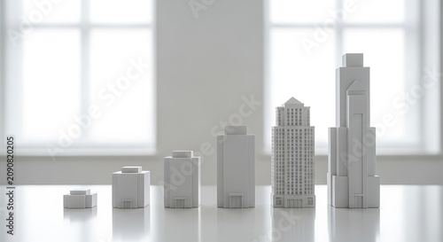Gradual height increase of building models on a reflective surface, soft focus, bright window backdrop