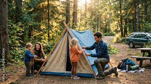 Happy young family pitching a canvas tent at a forest campsite in golden evening light, children helping parents beside picnic table and parked car for a wholesome outdoor weekend camping adventure