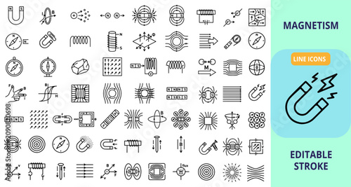 Slika na platnu Magnetism and physics icons set hand drawn line style with magnetism electricity