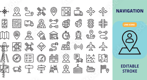 Set of navigation and location line icons for maps and travel logistics with navigation location direction tracking transport logistics shipping delivery wayfinding distance