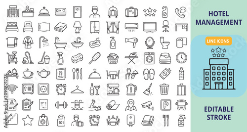 Hotel management icons set hand drawn line style with management hospitality accommodation reception maintenance cleaning furniture business amenities illustration collection