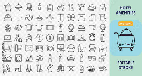 Εκτύπωση καμβά Hotel amenities and hospitality service line icon set for travel lodging and gue