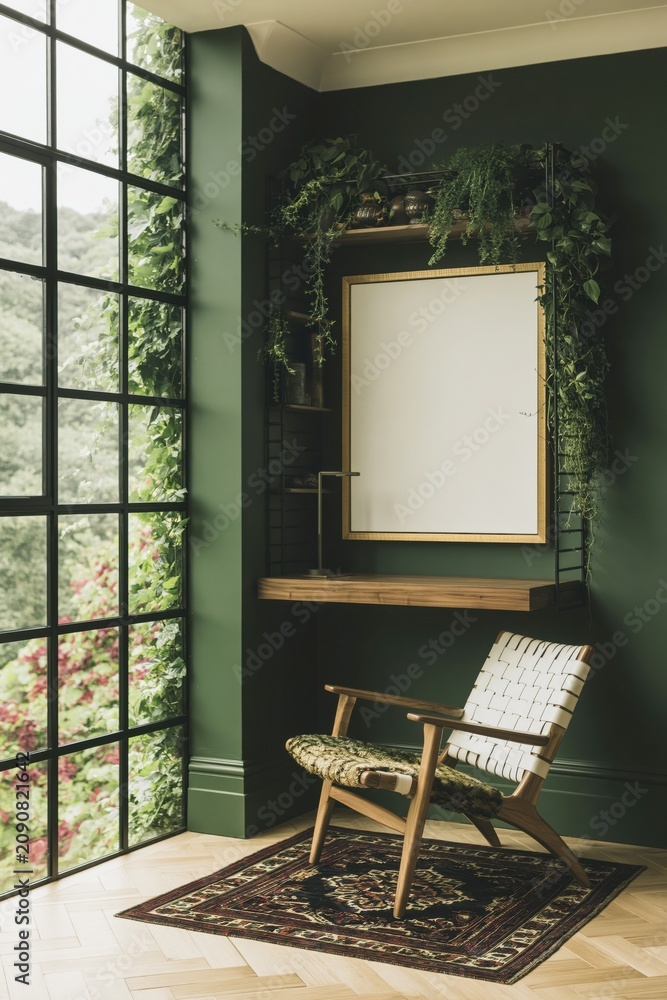 Fototapeta premium Modern home office corner with floating desk and greenery in a dark green room