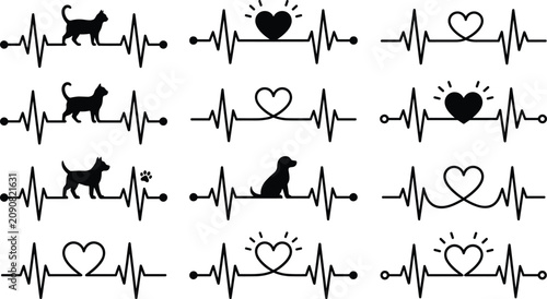 Konstfotografi Pet heartbeat line vector set with cat dog paw and heart symbols for veterinary