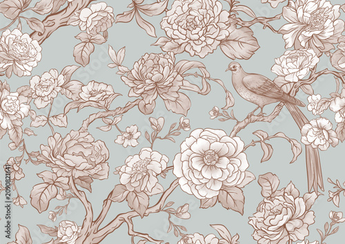 Elegant seamless chinoiserie pattern with birds, peonies, blossoms, and botanical branches in soft tones. Ideal for wallpaper, fabric, wrapping paper, and decorative backgrounds.