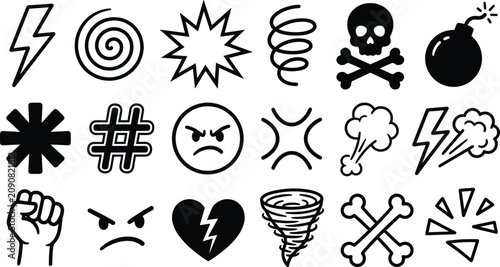 Comic expression doodle icon set with angry emoji skull bomb lightning fist and swear symbols