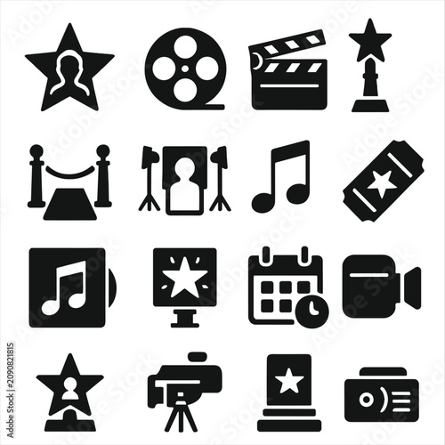 Vector showbiz clapperboard movie carpet event trophy set entertainment celebrity schedule icon