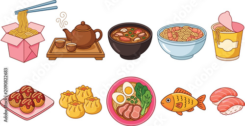 Bild auf Leinwand Traditional Asian food vector icon set with Japanese ramen noodles sushi takoyak