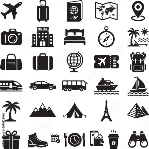 Travel and tourism icons set. Vector illustration of vacation, holiday, transport, and destination silhouette symbols isolated on a white background.