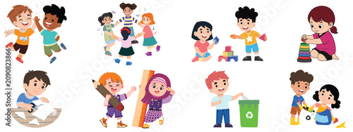 Canvastavla Cute vector clip art of multiethnic kids playing, cleaning up, high-fiving, and
