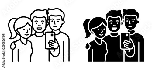 Friends Taking Selfie, Group Photo Vector Icons. People Capturing Moment, Social Media Sharing.