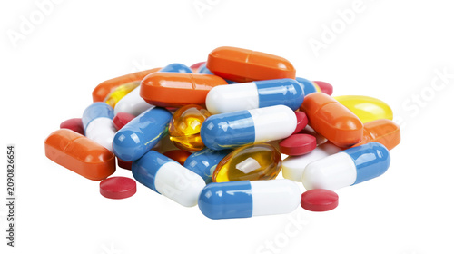 Pile of assorted colorful pharmaceutical capsules and tablets, isolated on transparent background