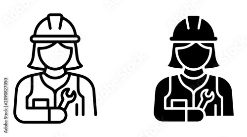Female Construction Worker Icons, Woman Engineer Vector Graphics, Safety Helmet and Wrench Symbol