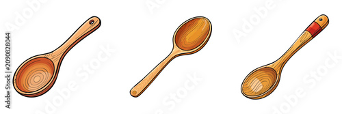 Collection of wooden spoons with natural grain and one with a decorative band
