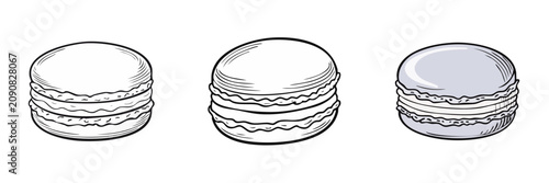 Set of three stylized macarons in sketch and colored variations for confectionery design