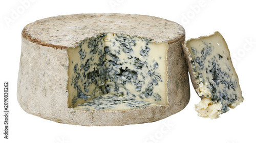 Obraz na plátně Whole wheel of blue cheese with a wedge removed, isolated on transparent backgro