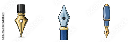 Set of assorted vintage fountain pen nibs and caps with metallic and blue finishes