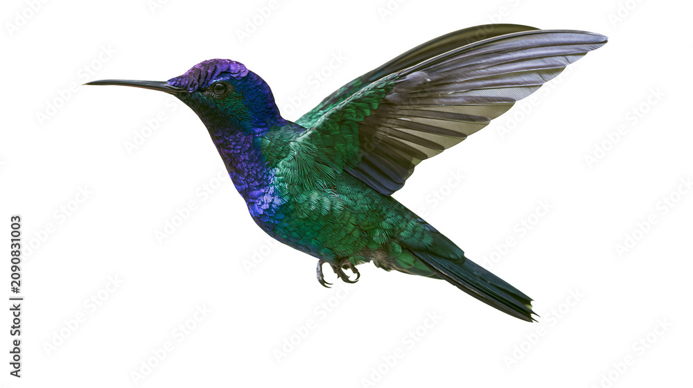 Fototapeta premium Iridescent green and purple hummingbird in flight, isolated on transparent background