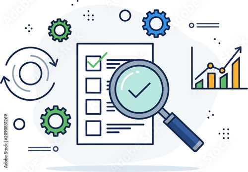 Business strategy checklist with magnifying analysis