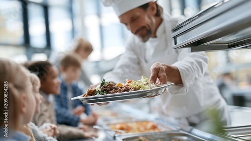 School cafeteria chef serving a nutritious hot lunch to children at a buffet counter. Healthy eating, balanced nutrition and public school meal program concept