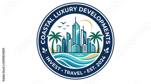 Coastal luxury developments logo with cityscape and palm trees.