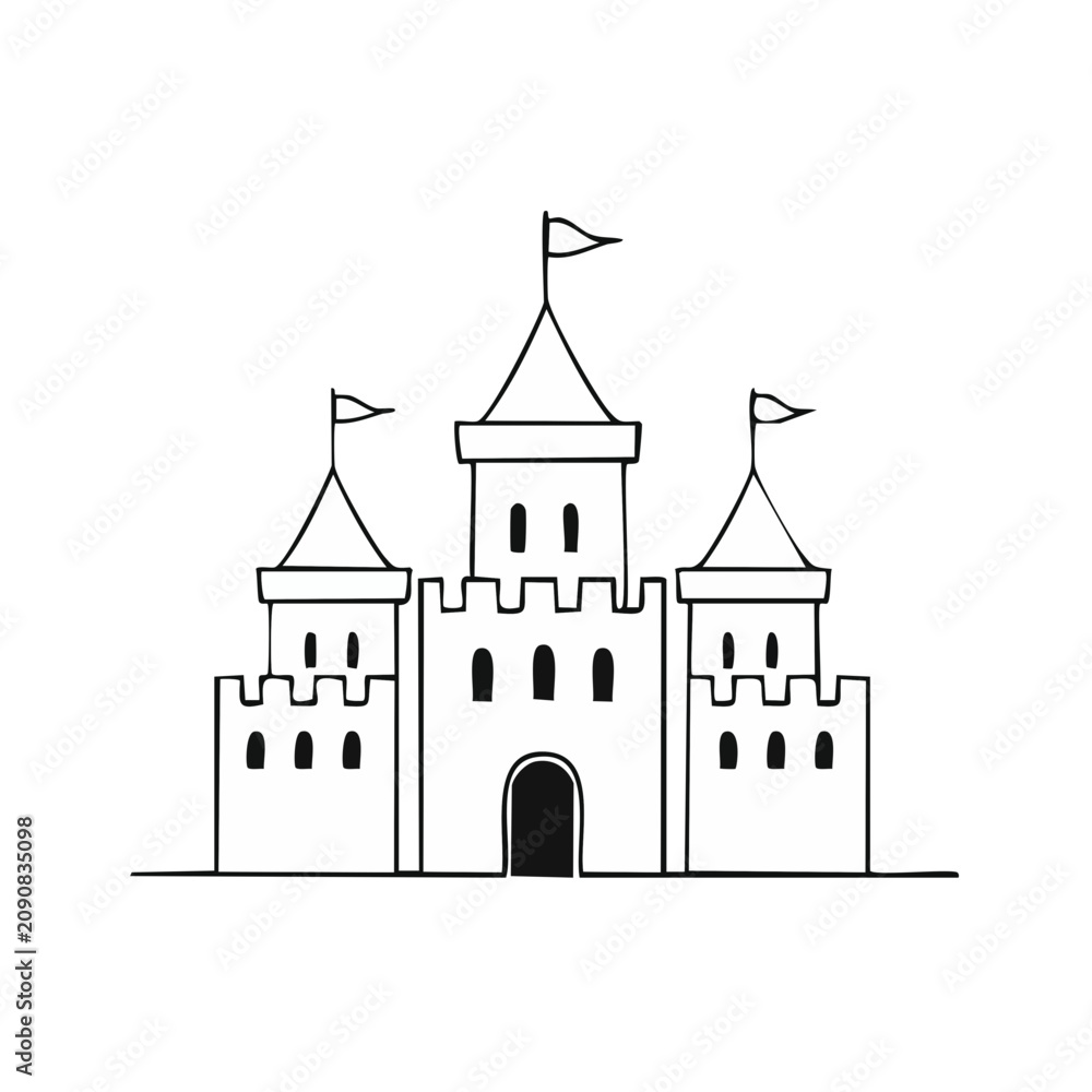 Fototapeta premium Black and white hand drawn castle with flags and arched gateway